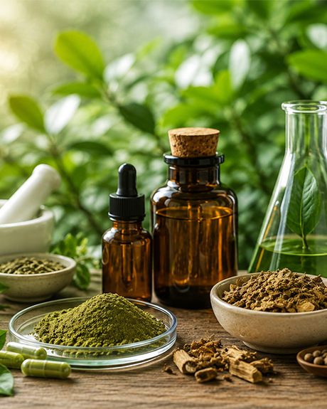 Botanical extract powders, amber dropper bottles, laboratory glassware and dried root material arranged on a wooden bench