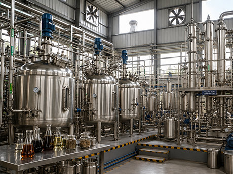 Stainless steel extraction vessels and distillation columns inside the plant, with flasks of amber and green extracts on a bench in the foreground