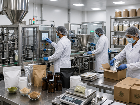 Technicians filling and sealing pouches and amber bottles on a packing line, with sealed cartons and finished powders on the bench