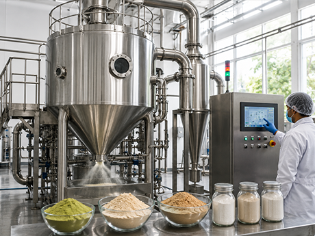 A stainless steel spray dryer with an operator at the control panel, and bowls of finished green, cream and tan powders alongside
